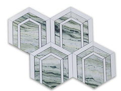 Green Marble and Crystal White Hexagonal Waterjet Mosaic Tile